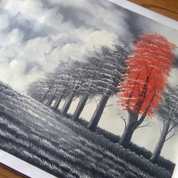 Oil Acrylic "Landscape of Trees" on Canvas Painting Shades of Gray and Red - Picture 1 of 15